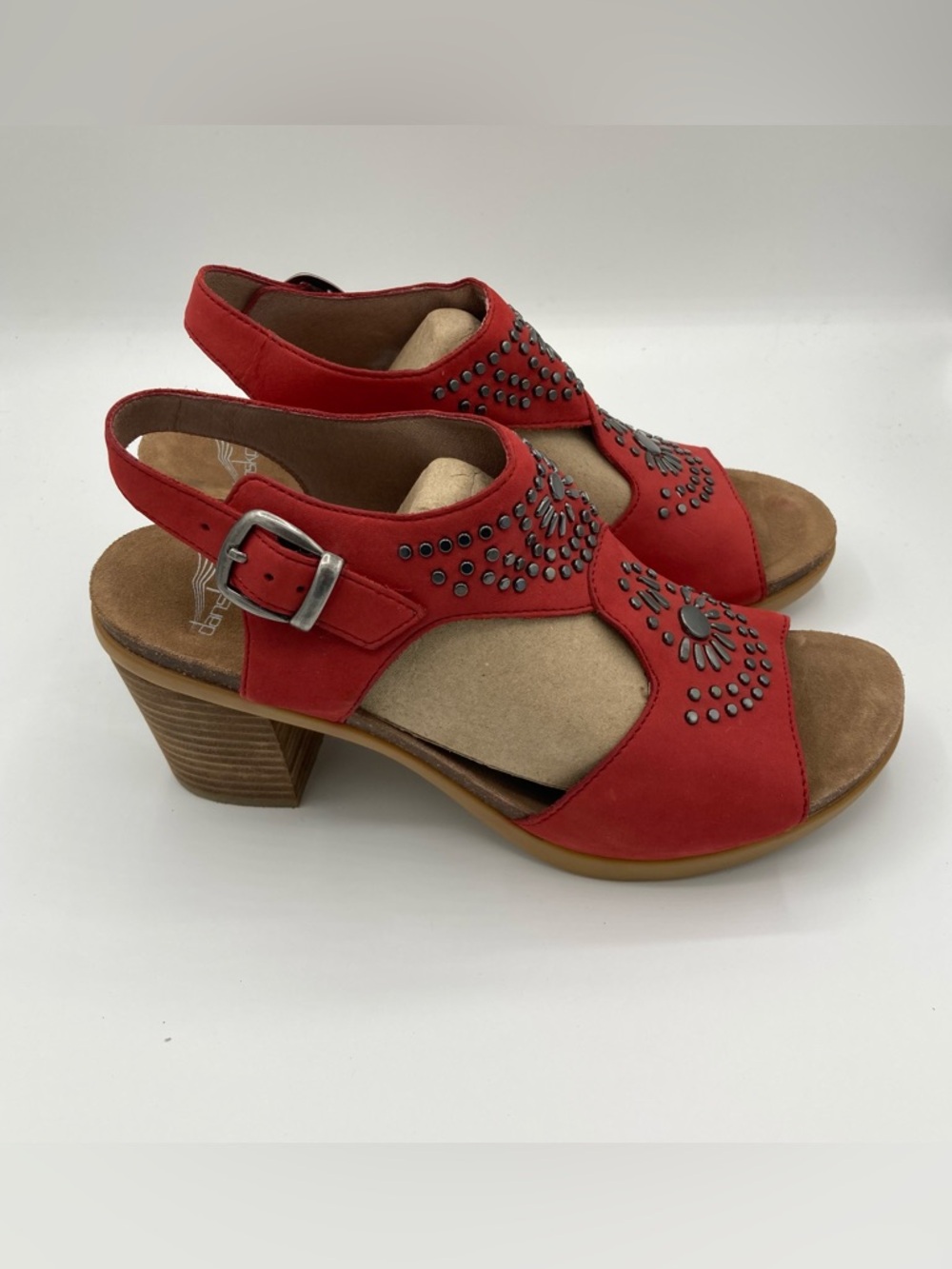 Dansko Shoes Womens Deandra 40 Red Leather Heeled Sandals Studded Comfort Buckle